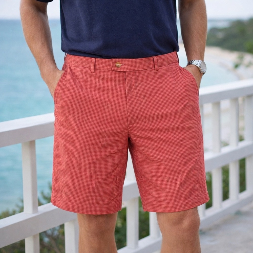 Peter Millar Mens 33 Red Gingham Check Flat Front Cotton Stretch Golf Shorts